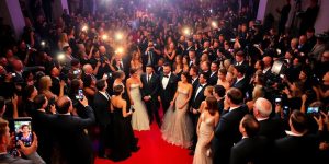 Red carpet event with glamorous celebrities in elegant attire.