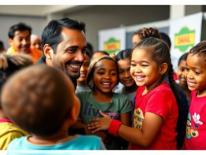 Celebrități implicate în proiecte caritabile, zâmbete și bucurie.