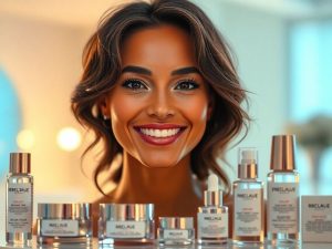 Vedetă cu piele strălucitoare și produse de frumusețe.