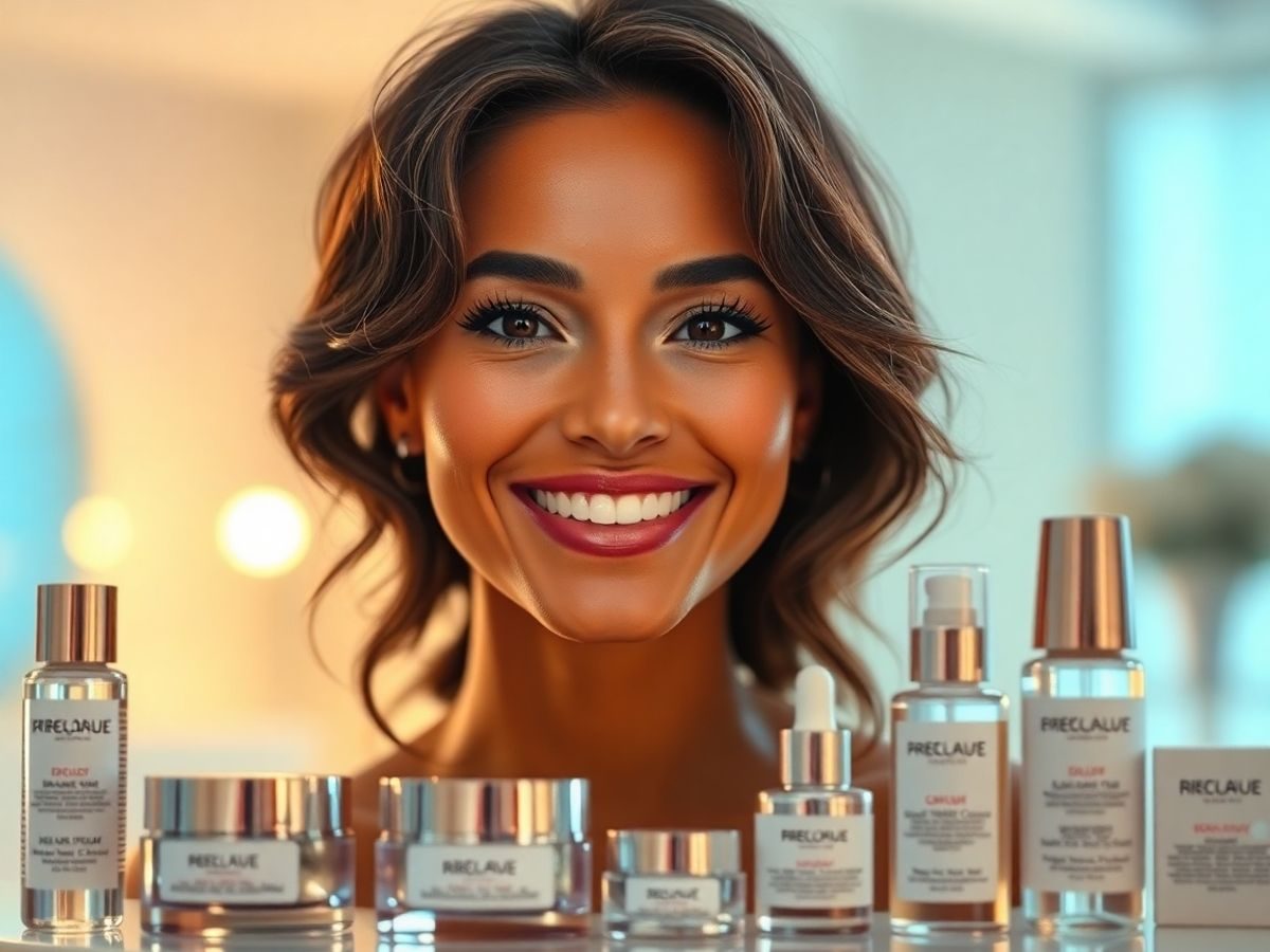 Vedetă cu piele strălucitoare și produse de frumusețe.