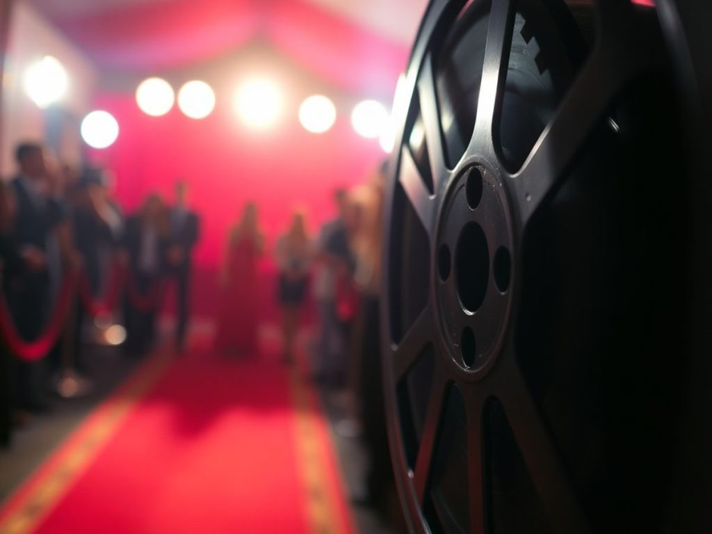 Rolă de film vintage cu lumini de scenă estompate în fundal.