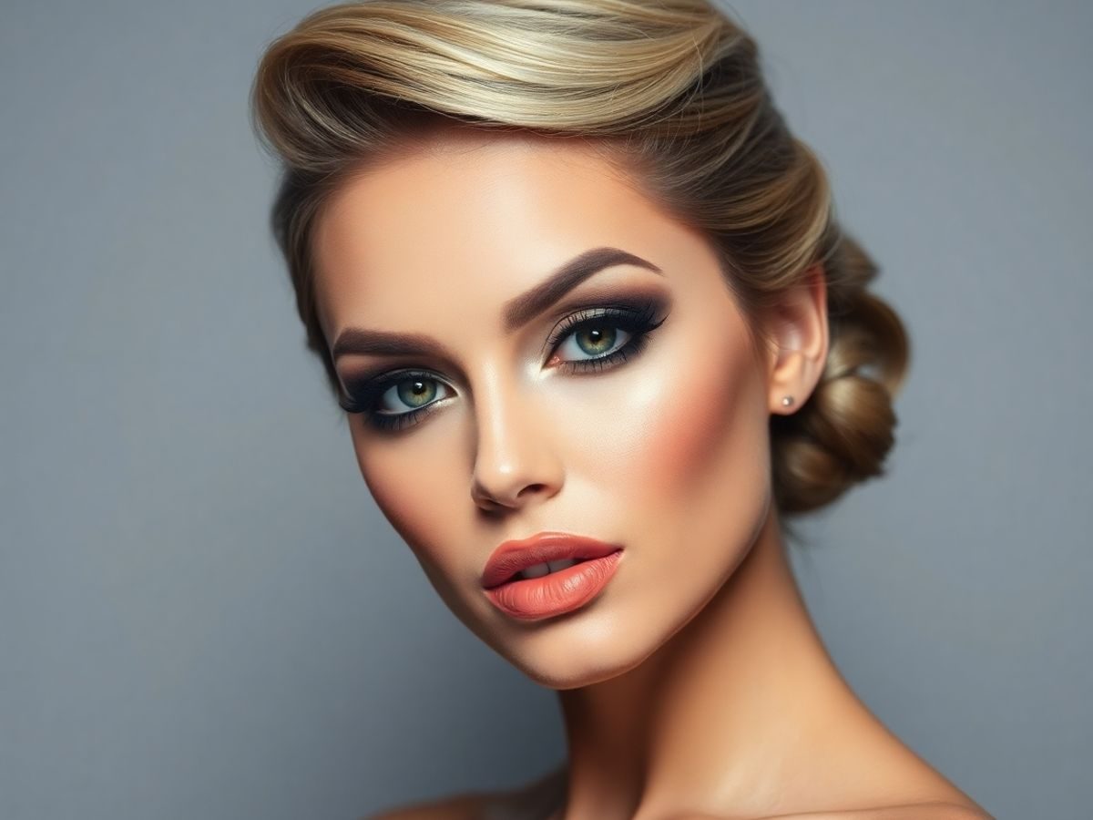 Femeie cu machiaj strălucitor și coafură elegantă.