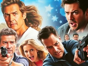 Vedete de film populare în scene de acțiune dinamice.